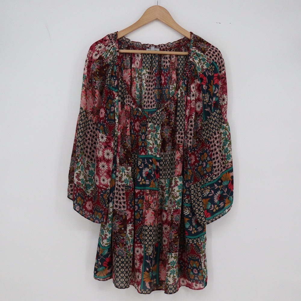Floral & Ivy Blouse Womens 1X Multi Patchwork Floral Boho Excellent